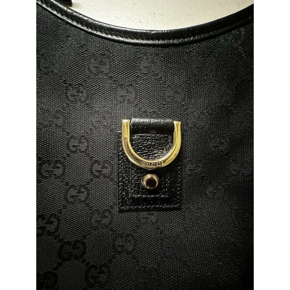 Gucci Vintage Abbey Hobo Bag Black GG Canvas Leather Trim D-Ring